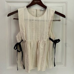 ZARA TRF Pleated Ribbon Bow Blouse in Cream, Size XS